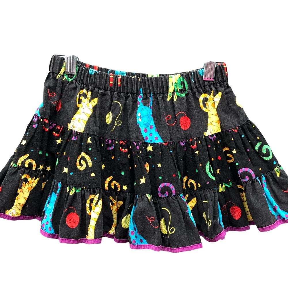 Vintage 90s Girls S (6-7) Tiered Cat Print Mini Skirt Black‎ Multicolor Colorful